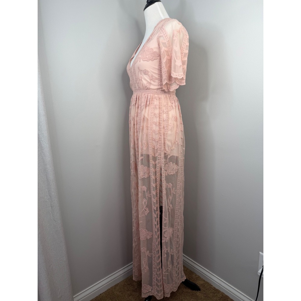 GB Gianni Bini Pink Lace Floral Embroidered Maxi Dress Romper Lining XS Boho - Picture 3 of 16